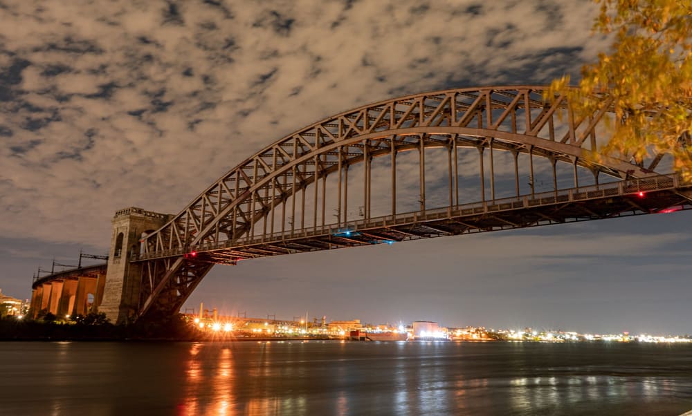 The Hell Gate Bridge at night, near Astoria, Queens