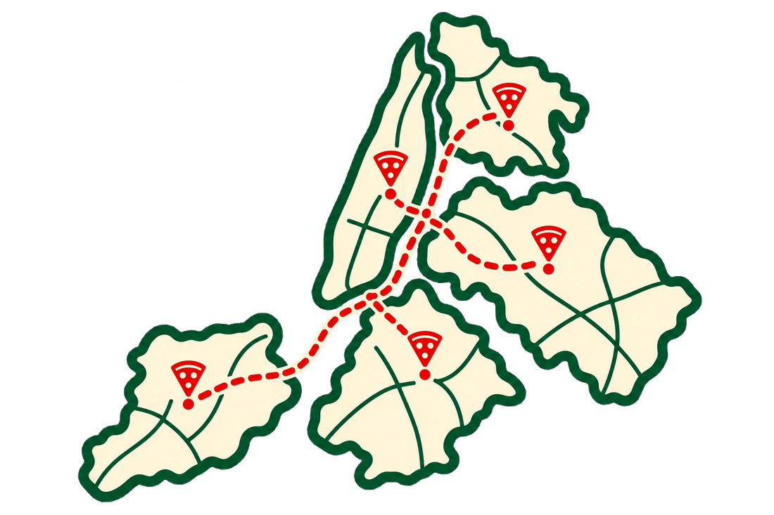 Illustrated map of the five boroughs, each marked with a pizza slice pin and connected by a dotted delivery route