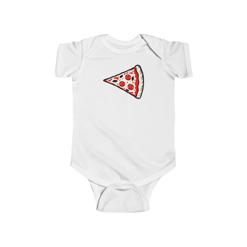 A white baby bodysuit with a single pepperoni slice on the chest