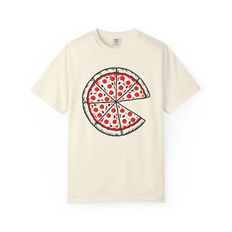 A cream t-shirt with an illustrated whole pepperoni pizza, one slice missing