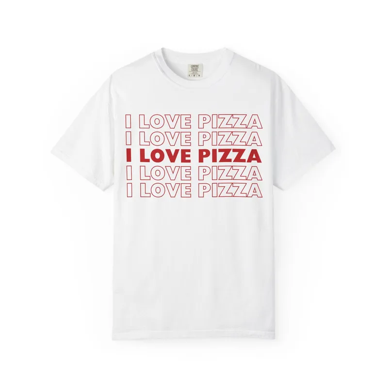 A white t-shirt with I Love Pizza repeated five times in red
