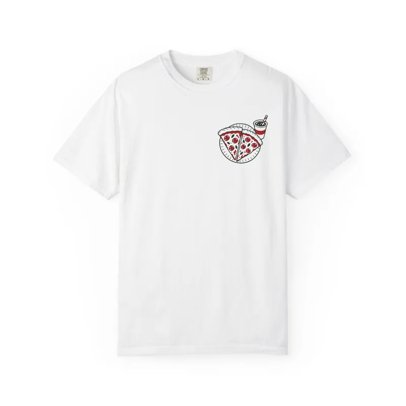 A white t-shirt with a small pizza slice and soda graphic on the chest